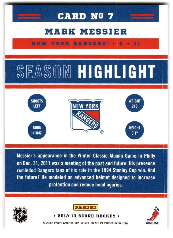 2012-13 Score Season Highlight Mark Messier #7 New York Rangers - Image 2 of 2