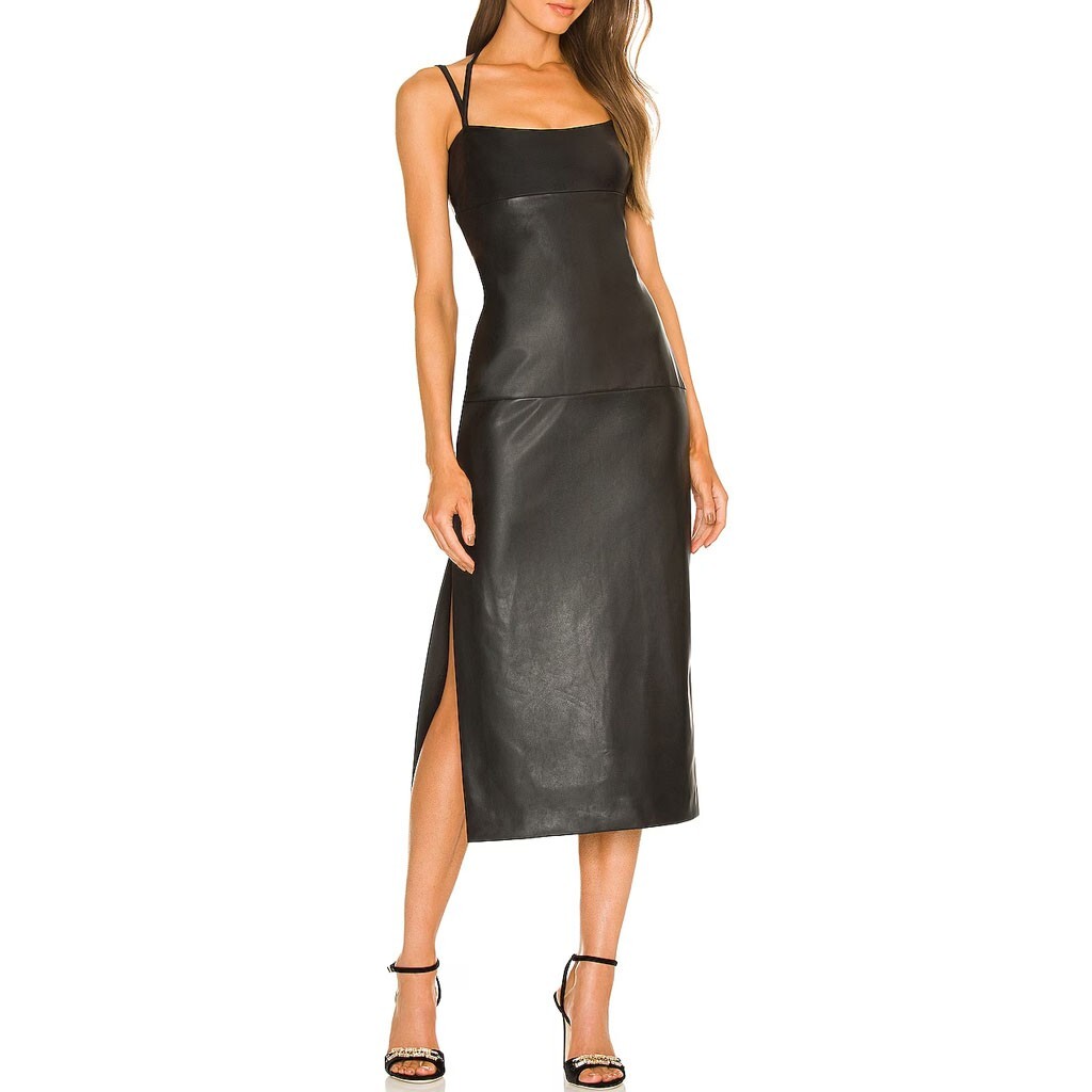 black leather halter dress The Countermove Halter Faux Leather Midi Dress - Black