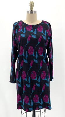 Vtg New Wave 1980's Fuchsia Roses Black Long Sleeve Sweater Short Dress