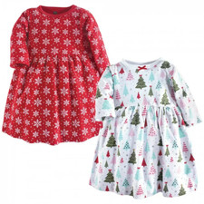 Christmas Dresses Girl Lot / 2 Snowflake Trees NWT 100 Cotton 0-3 9-12 2 4T