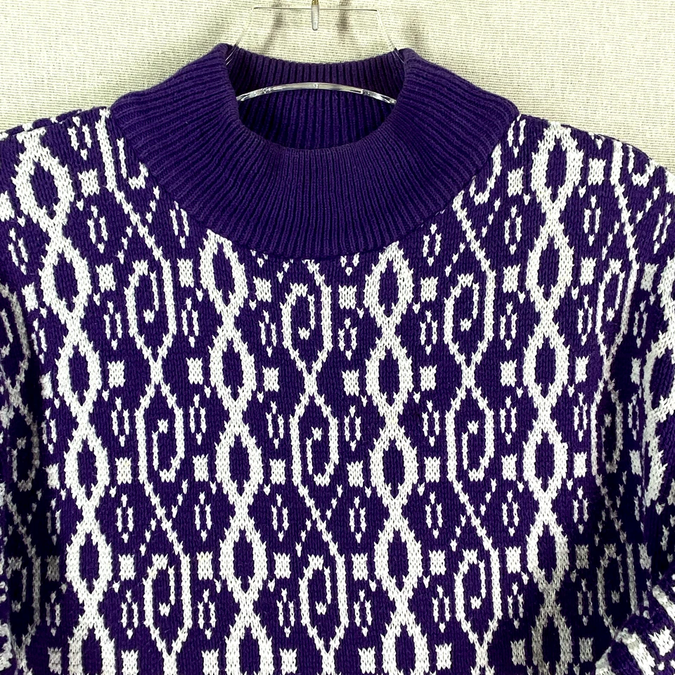 Antigo Vestido Suéter Feminino Delia McKain Anos 80 M Roxo Geométrico Mini Boho Fabricado nos EUA - Imagem 3 de 4
