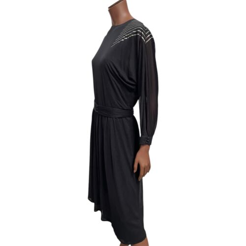 Robe Vintage Années 70 80 12-14 Noir Argent Rayé Midi Disco New Wave Ceinture - Picture 3 of 7
