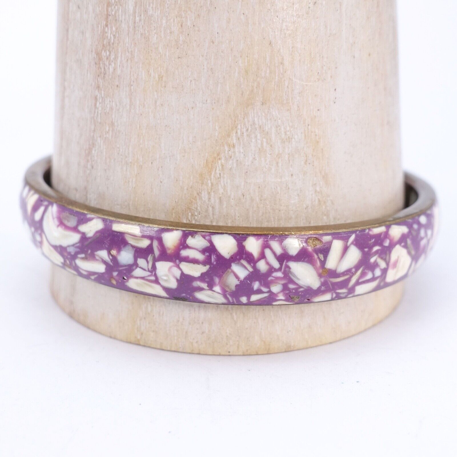 Vintage Brass Bangle Bracelet Purple White Confet… - image 6