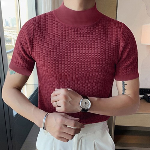 Hermoso Hombres Simulado Cuello Alto Pullover Camiseta Prendas para el torso Tejido Suéter Manga Corta - Imagen 6 de 32