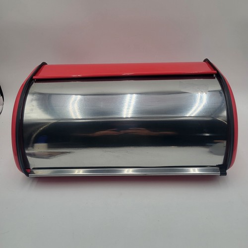 Roll Top Red Metal Bread Box Stainless Door Black Trim Kitchen Storage