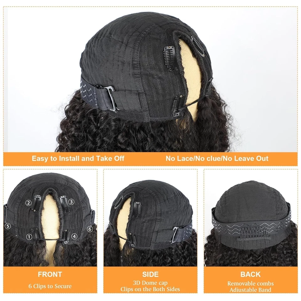 Pelucas rizadas rizadas rizadas de cabello humano parte en V para mujer negras peluca sin pegamento para mujer Foto 3 de 4