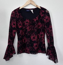 Vintage Y2K Black Red Floral Lace Ruffle Sleeve Top Whimsigoth Fairy 90s