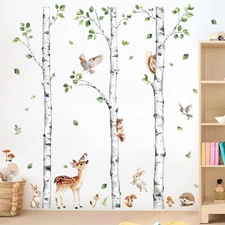 Large Birch Tree Wall Decals, Forest Animal Wall Stickers Deer Rabbit Squirre...