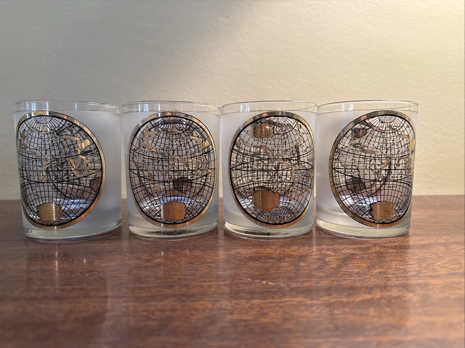 4 VINTAGE Culver 22K Globe ORBIS GEOGRAPHICA Gold Double Old Fashion Glasses box