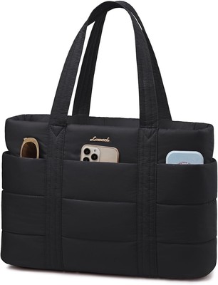 LOVEVOOK Tote Bag for Women, Large Puffer Work Laptop 15.6 Inch, Black-b 