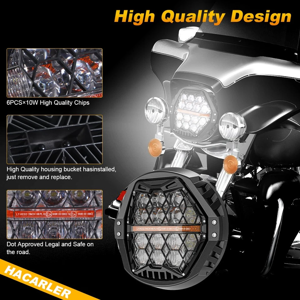  Faro LED de motocicleta de 7 pulgadas con DRL ámbar para Harley Electra Glide Classic Foto 4 de 4