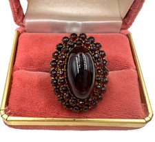 ANTIQUE VICTORIAN 14K SOLID YELLOW GOLD RING XL GARNET HI DOME CABOCHON HALO S 8