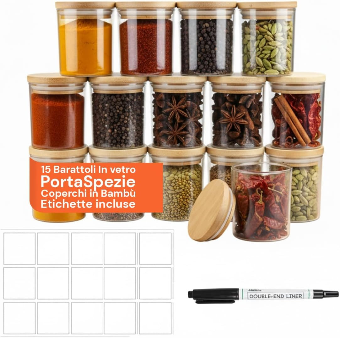 - Porta Spezie per Cucina in Vetro 170 Ml Con Coperchio in Bambù, Etichette E Pe