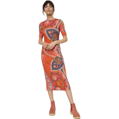 Farm Rio for Anthropologie Giannina Knit Midi Dress Orange Floral Paisley XS