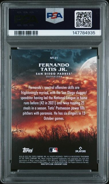 2025 Topps Update Fernando Tatis Jr PSA 9 Night Terrors-Black Foil 10/10 Bookend view 2