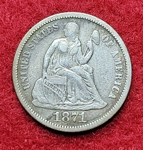 1871 Silver Seated Liberty 10c Ten Cents VF Very Fine