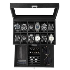 GUKA Watch Box, 12 Slot Watch Case, Watch Cases for men with Real Glass Lid, ...