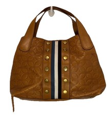 Fossil Tan Leather Maya Satchel Bag Studded Stripe Embossed Large Handbag Purse