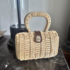 Vintage 1960s coated wicker rattan leather brass handbag purse