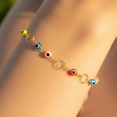 Chic Multi-Color Evil Eye Bracelet Gold Plated Beaded Link Chain Trendy Jewelry
