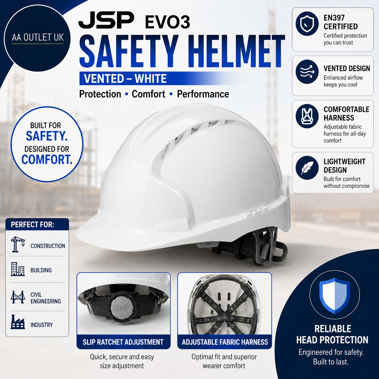 JSP EVO3 Safety Helmet Hard Hat Vented White Slip Ratchet Adjustment