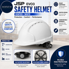JSP EVO3 Safety Helmet Hard Hat Vented White Slip Ratchet Adjustment