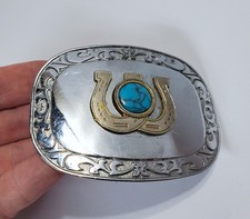 Vintage Silver Double Horseshoes Turquoise Center BELT BUCKLE Metal 4" Western