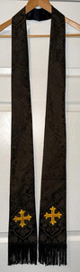 VINTAGE CATHOLIC PRIESTS BLACK SILK BROCADE & GOLD STOLE
