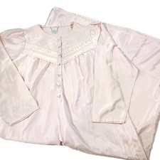 Vintage Aria Pink Satin Long Sleeve Night Gown Embroidered Buttons M