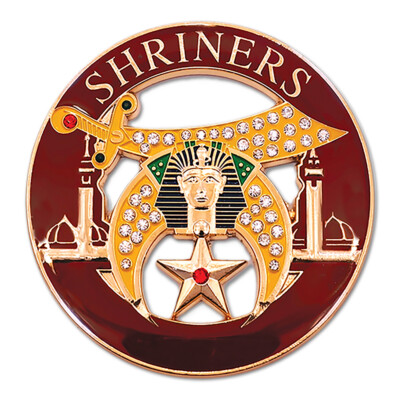 Shriner Rhinestone Round Masonic Auto Emblem - [Burgundy & Gold][3'' Diameter]