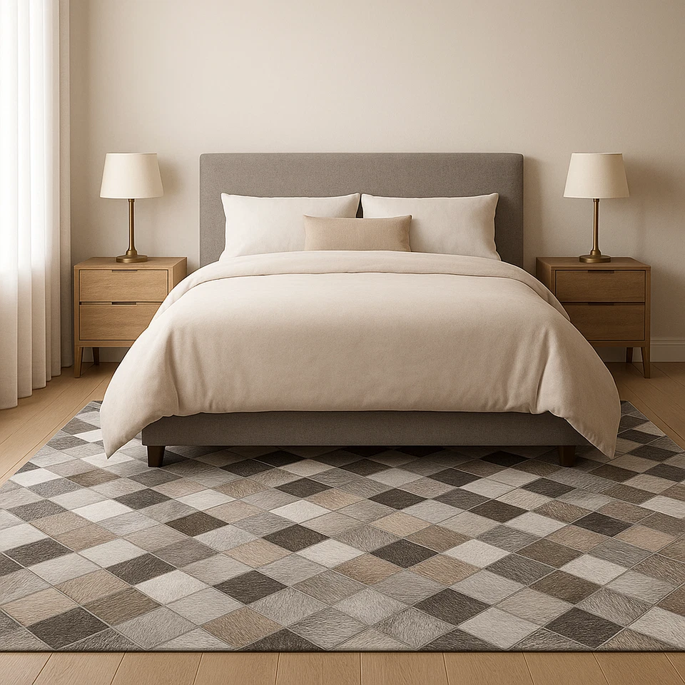 Luxury Diamond Leather Patchwork Rug| Handmade Grey Cowhide Carpet | Modern Rugs - Image 2 of 4