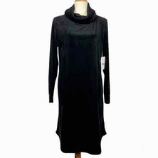 H Halston Womens Medium Black Cowl Neck Fleece Lounge Shift Dress Pockets NWT