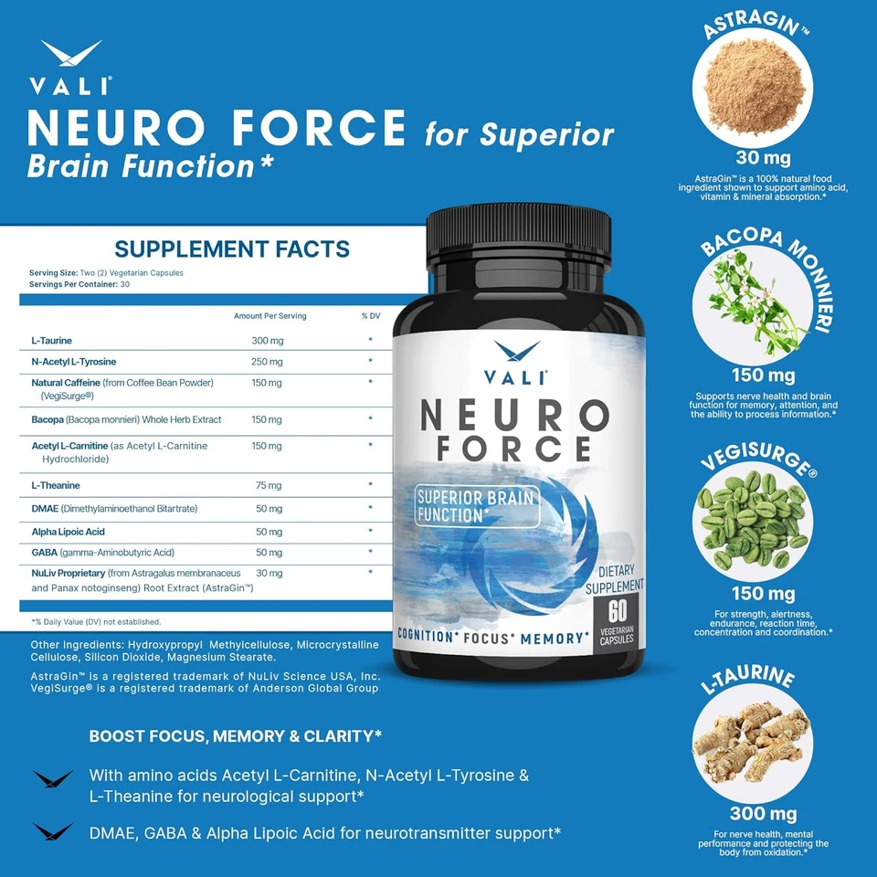 Suplemento de refuerzo cerebral VALI Neuro Force para enfoque, memoria, claridad y energía. E Foto 2 de 4