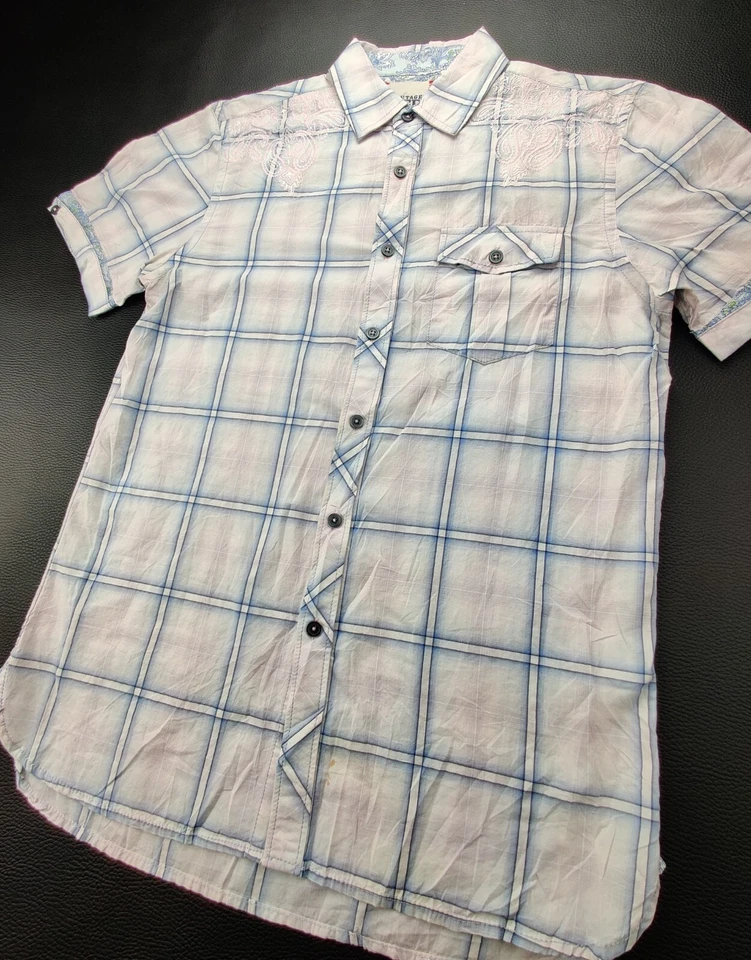 Camisa abotonada manga corta vintage roja para hombre pequeña blanca/rosa/azul/gris a cuadros Foto 4 de 4