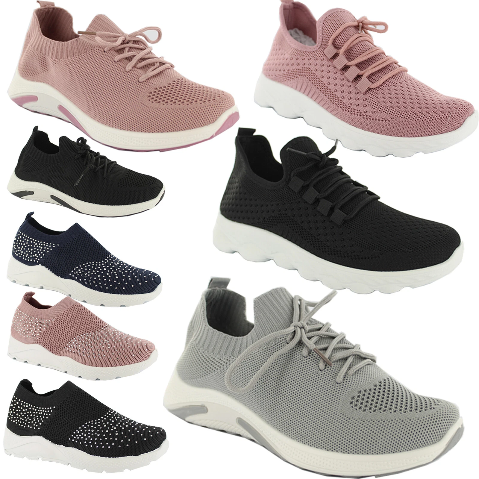 LADIES WOMENS SLIP ON KNIT SPORT RUNNING WALKING CANVAS COMFY TRAINERS SHOES SZ