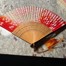 SAKURA Traditional Japanese Silk Fan Hand Painted 8.5  With Box