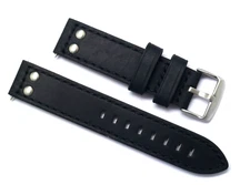 20mm Black Quality Rivet Style Crazy horse Leather Watch Band Silver Tone Buckle