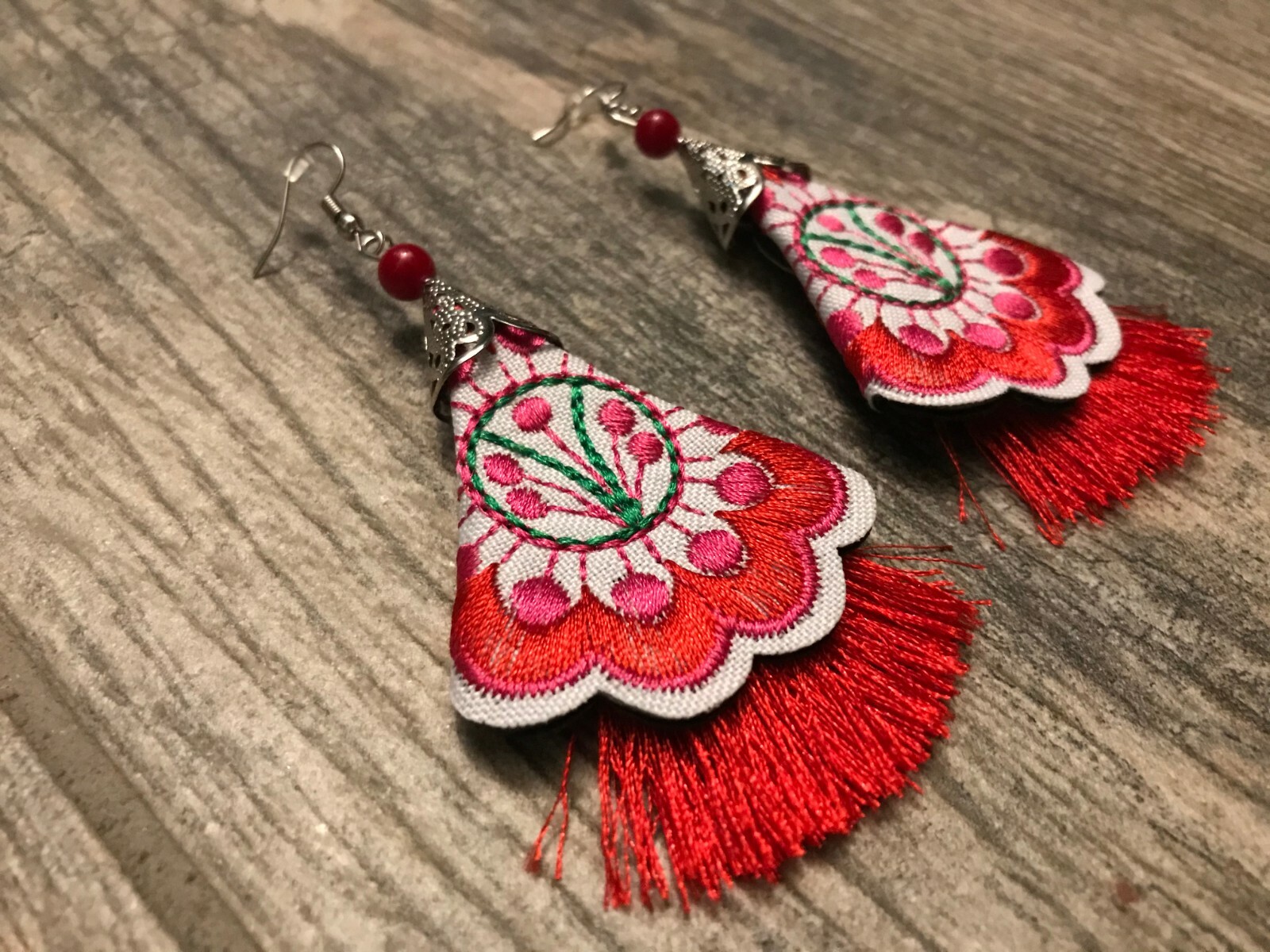 Embroidered Earrings Hook White Red Pink Floral Handmade Aretes
