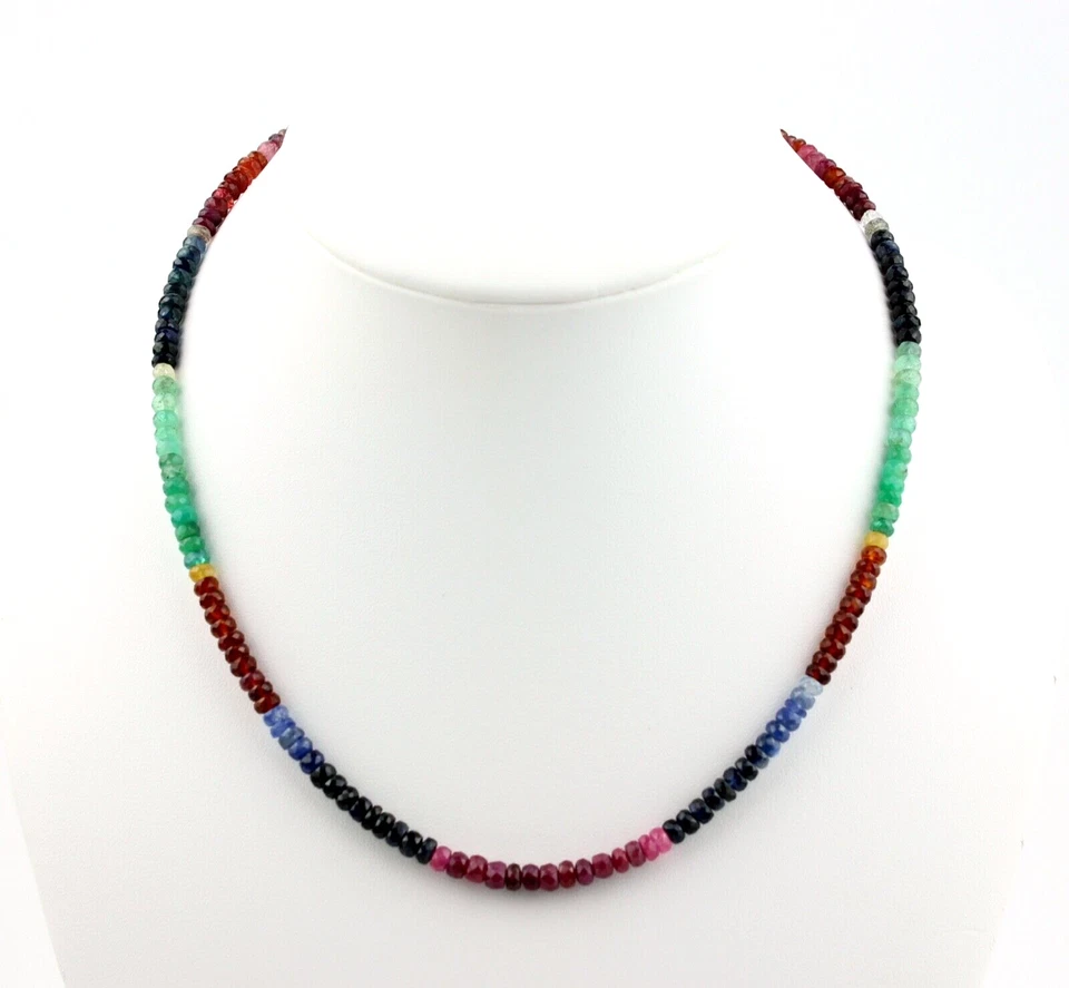 Rubin Saphir Smaragd Kette Multifarbe Facettierte Rondell Halskette Edel 48 cm - Bild 3 von 3