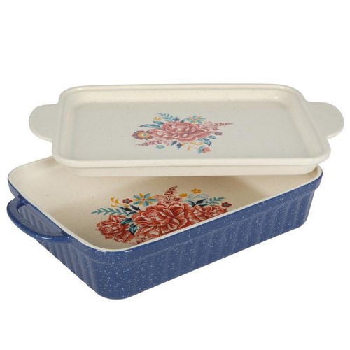 Ceramic Baking Dish W/ Platter Lid Floral Design Easy Carry 9x13 Bakeware New - Picture 3 of 8