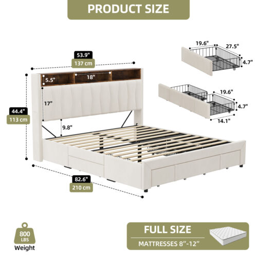 Full Size Bed Frame w/ Shelves Storage Space 4 Drawers Platform & Power Outlets - Picture 2 of 11