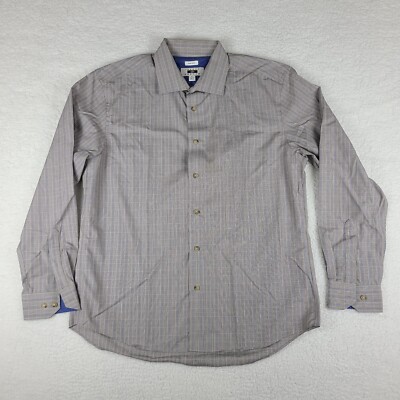 Joseph Abboud Dress Shirt Mens XL Blue Brown Plaid Non Iron Button Up