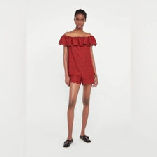 Zara Embroudered Ruffle Eyelet Romper in Rust Size Small