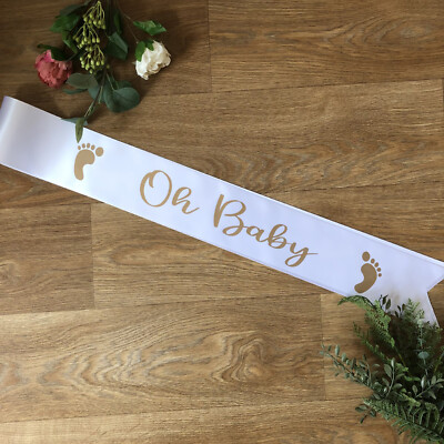 Babyparty Schärpe, Oh Baby Schärpe für werdende Mama, weiße Schärpe Gold Text