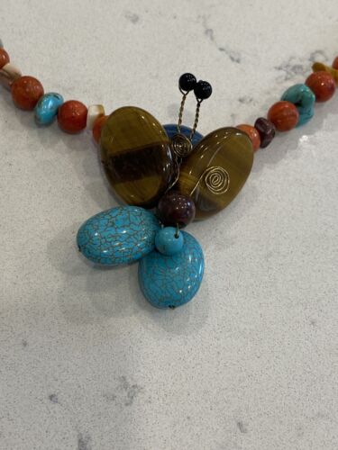 Vintage Butterfly Turquoise Tiger’s Eye Pendant Multi Stone Beaded Necklace 24” - Picture 3 of 16