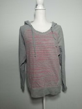 DKNY JEANS Round Neck Pullover Gray Striped Hooded Sweatshirt Hoodie Womens Med.