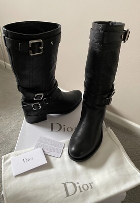 CHRISTIAN DIOR Black Leather Biker Cannage Low Boots SIZE 40