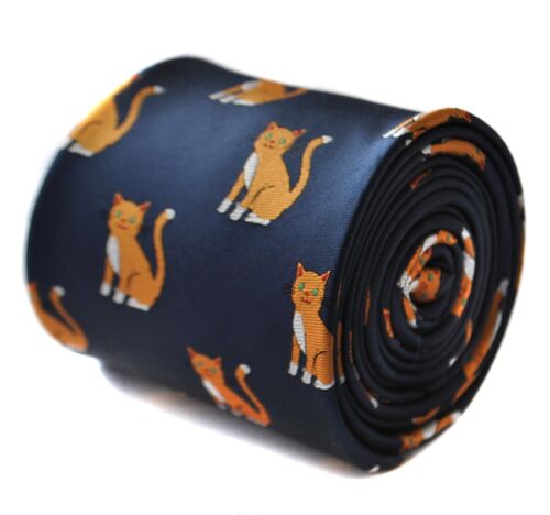 granatowy krawat z kotem imbirowym haftowany wzór Fredericka Thomasa - Zdjęcie 1 z 4