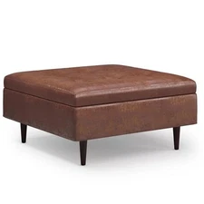Shay 38 in.W Large Coffee Table Ottoman in Distressed Saddle Brown Faux Leather