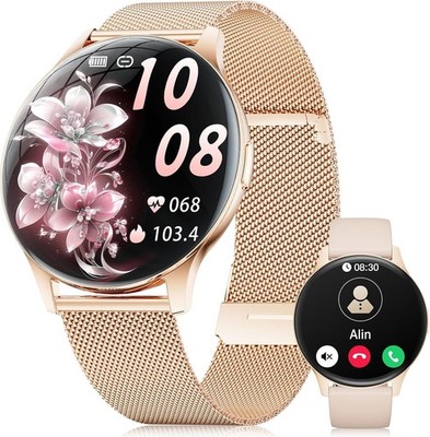 Smartwatch Damen AMOLED 1,43'' mit Telefonfunktion Sportuhr, Android & iOS - Gold